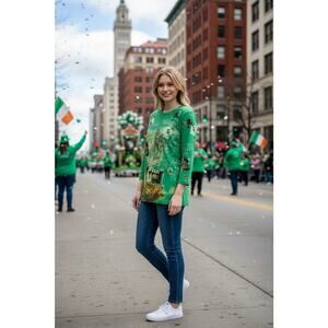 Vintage Christopher Banks Women's XL Green Sequin Irish Music Theme Tunic Top